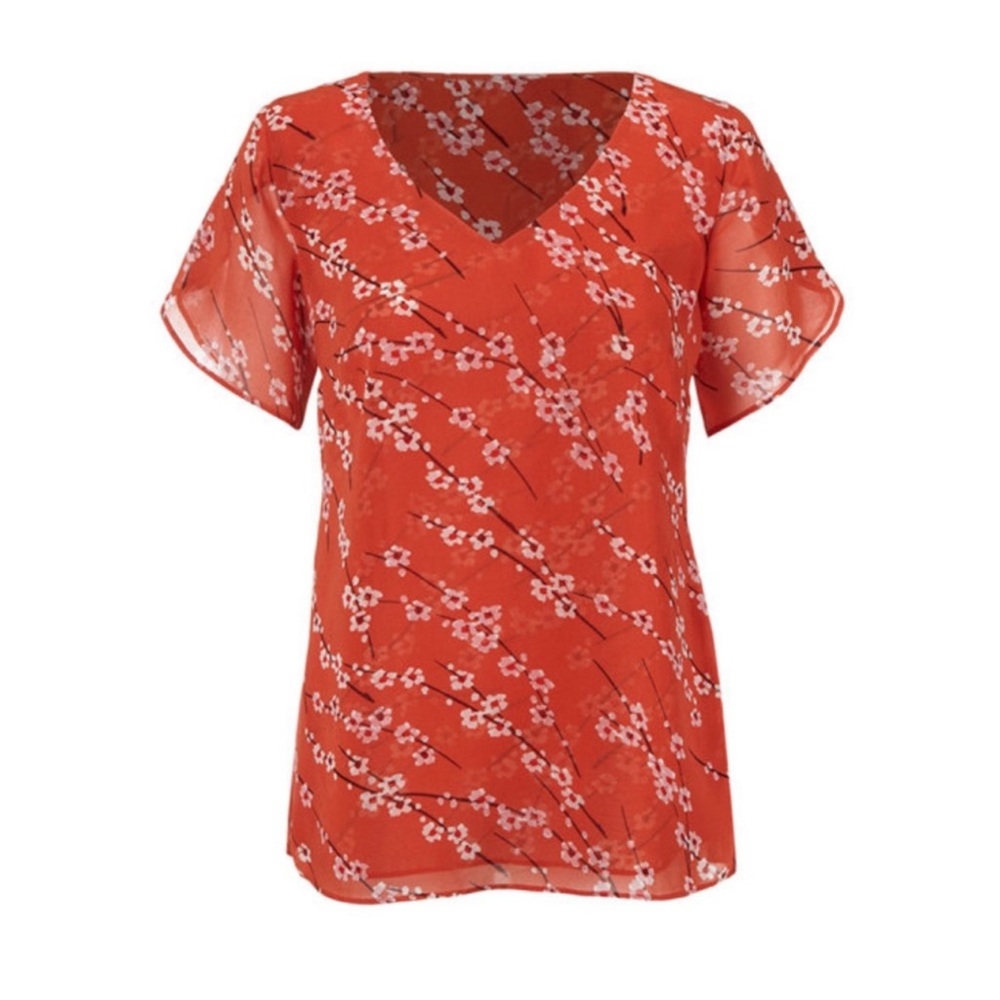 Cabi Split Flutter Sleeve Chiffon Cherry Blossom Blouse Size XXL